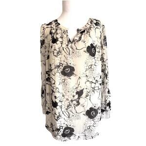 Talbots Women Blouse Large Cream Black Flowers Chiffon Overlay Church Career 094